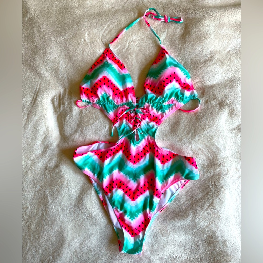 Boohoo Women’s Swimsuit Pink and Green Lace Up Watermelon Monokini